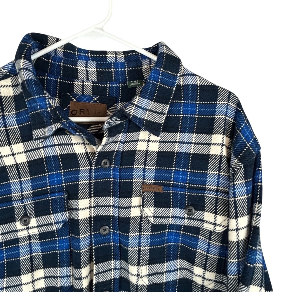 ORVIS Mens Long Sleeve Flannel Plaid Shacket‎ Blue Cream Black Size XL Tall